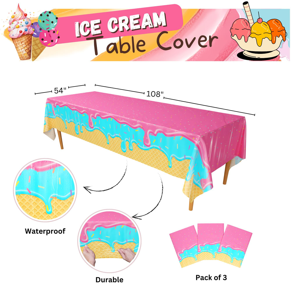 Blue Orchards ice cream table cover set used as festive backdrop for kids' party.