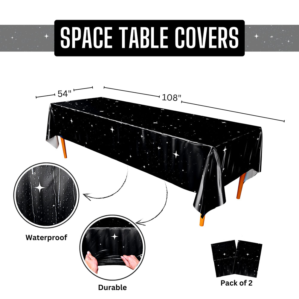 Blue Orchards Space Tablecover on table setup ready for galaxy-themed celebration.