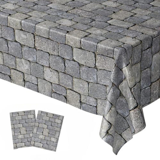 Blue Orchards Stone Wall table cover with cobblestone motif for medieval parties