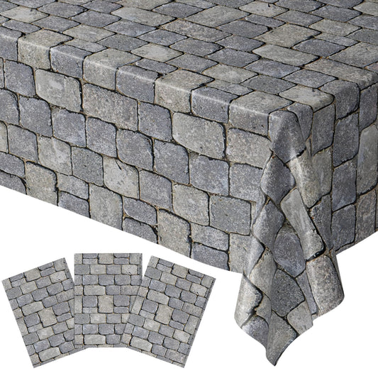 Blue Orchards Stone Wall Table Cover pack shows cobblestone scene and spill protection.