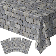 Blue Orchards Stone Wall Table Cover pack shows cobblestone scene and spill protection.