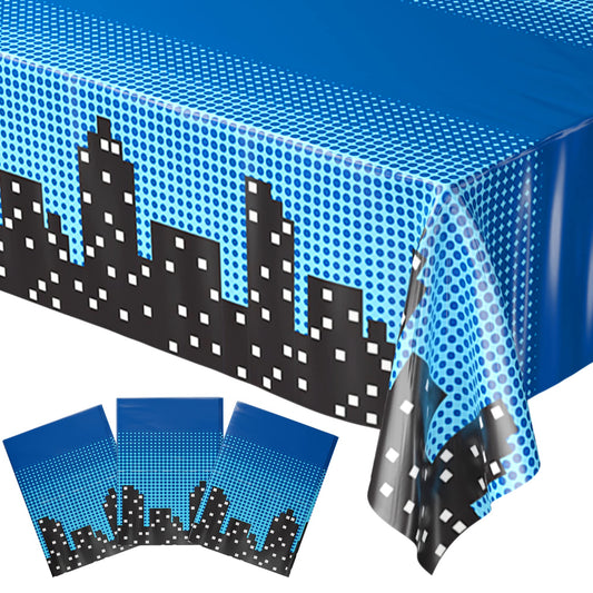 Blue Orchards' superhero cityscape table cover creates a vibrant party backdrop and easy cleanup.
