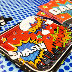 Blue Orchards superhero cityscape table cover adds dynamic cityscape flair for a memorable celebration.