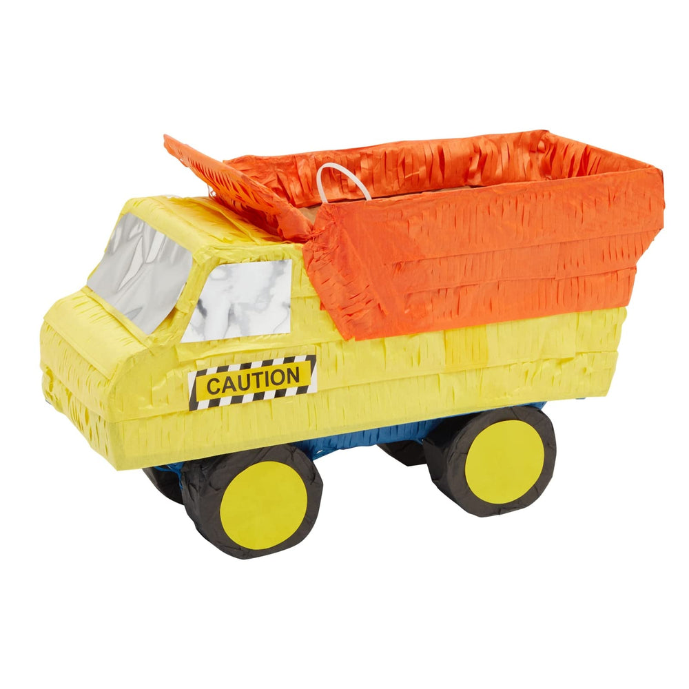 Blue Panda dump truck pinata front view with yellow body and orange loader for party decor