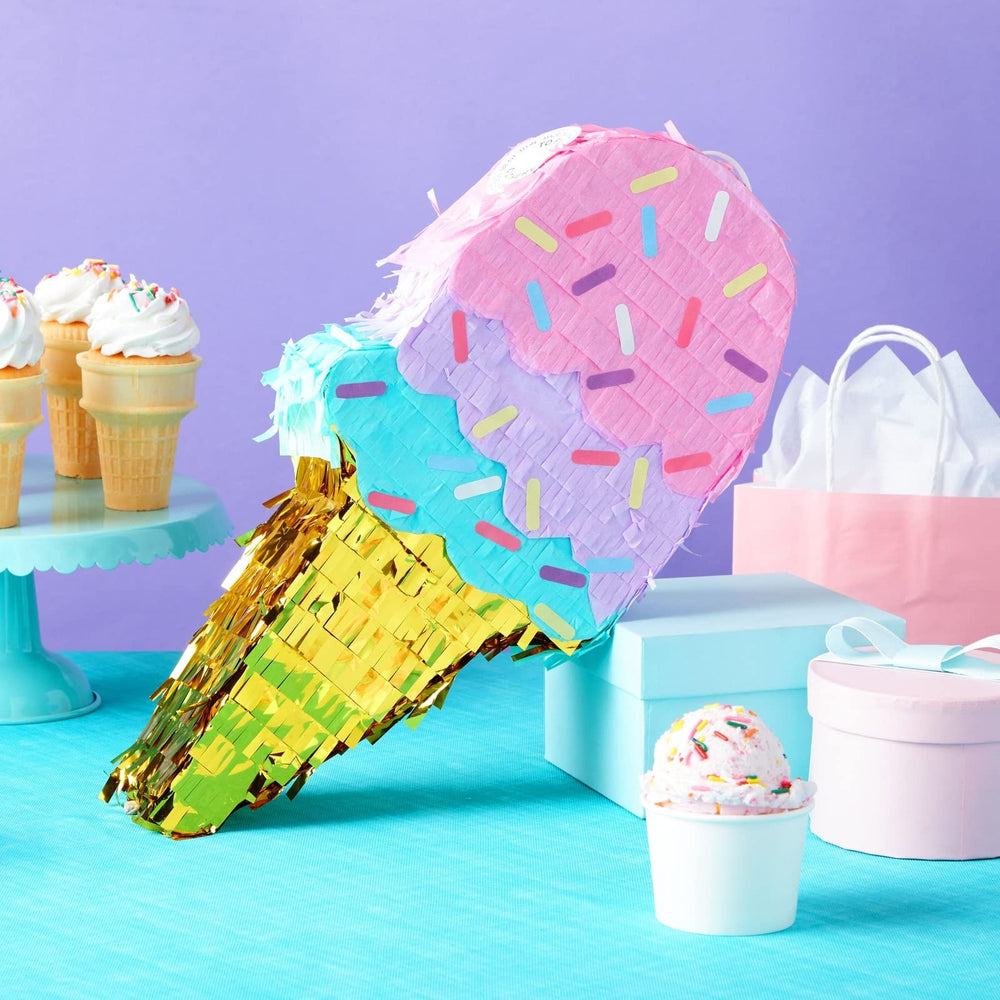 Blue Panda ice cream pinata featuring a gold foil cone for shine.