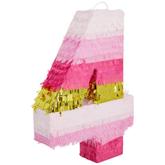 Blue Panda Number 4 Pinata in pink and gold foil, eye-catching centerpiece for a girl's party.