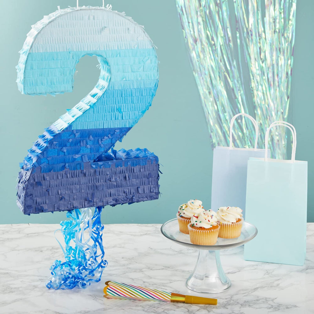 BLUE PANDA Ombre Blue Number 7 pinata side view ready to hang for celebrations.