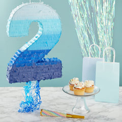 BLUE PANDA Ombre Blue Number 7 pinata side view ready to hang for celebrations.