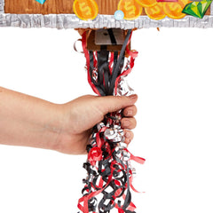 Blue Panda treasure chest pinata hanging loop ready for tree or ceiling display.