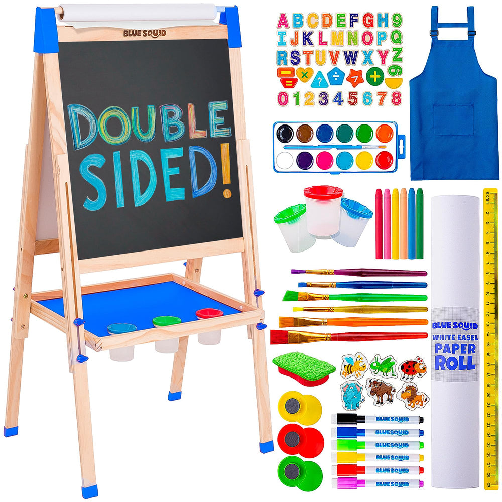 Blue Squid Art Easel side view with magnetic boards and paper roll.