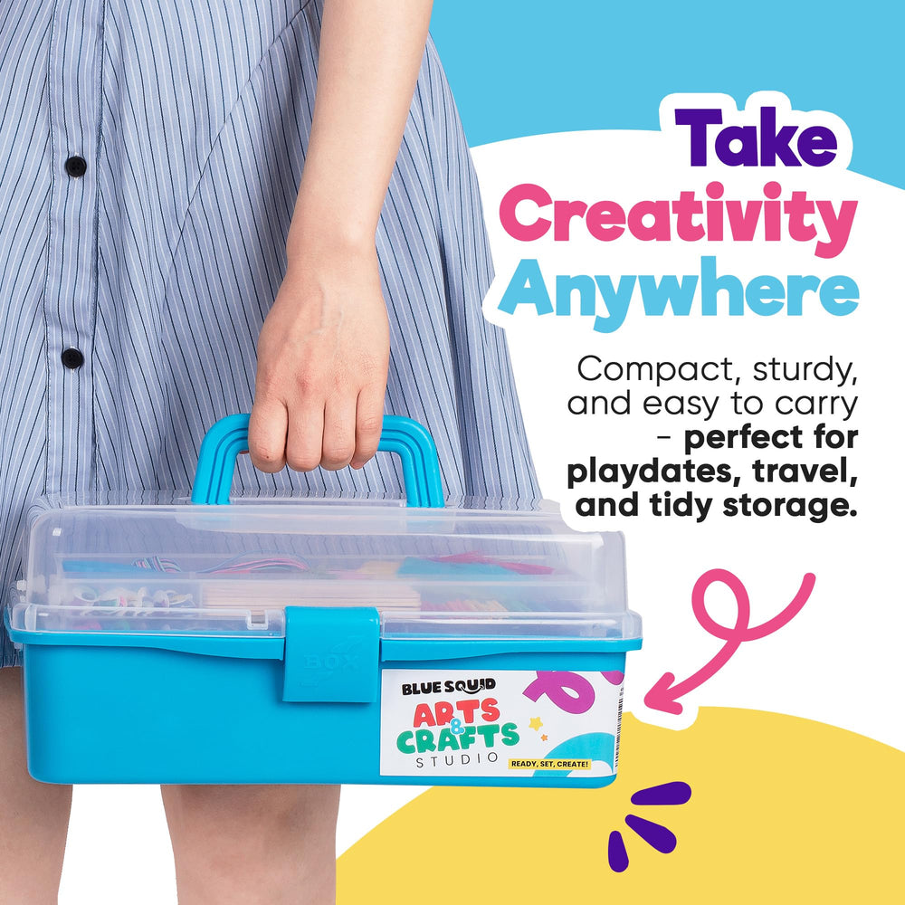 Blue Squid Craft Box with sturdy handle for easy transport to classes or playdates