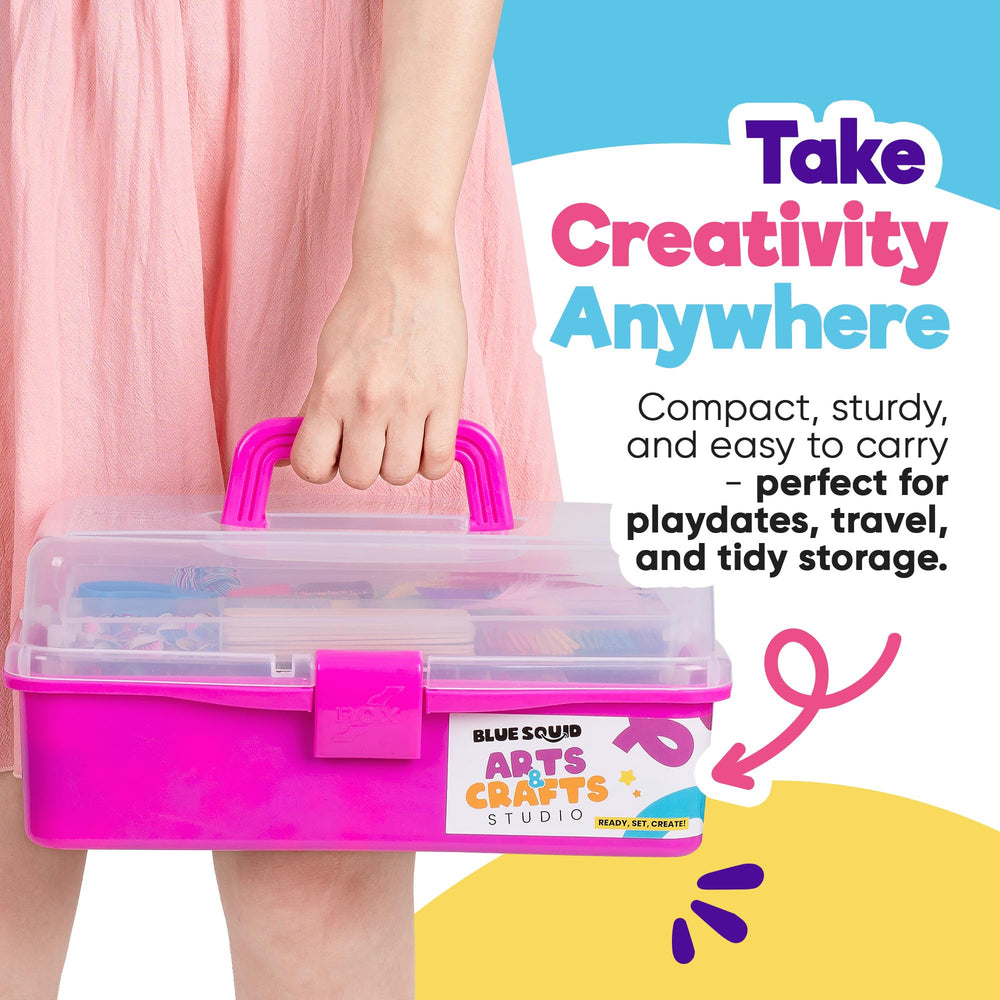 Blue Squid pink craft kit promotes portability with a sturdy handle