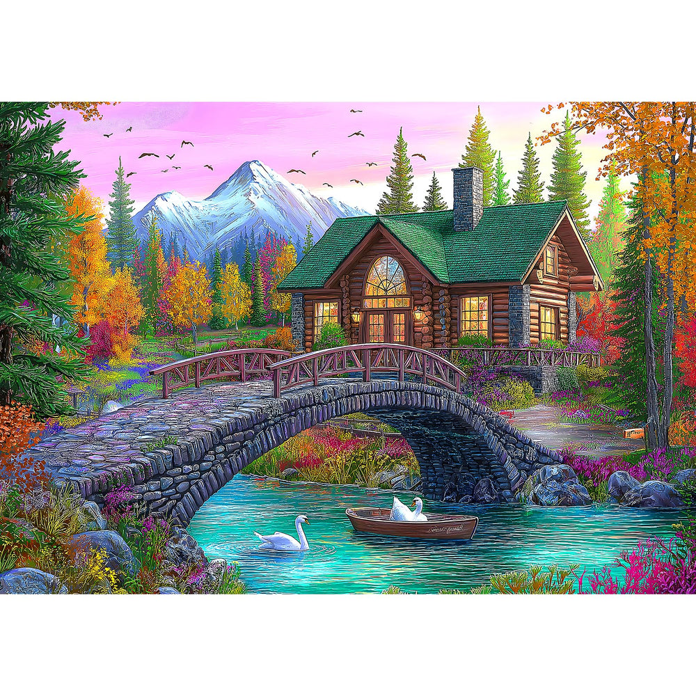 Blueforest 1000-piece puzzle featuring a log cabin scene for immersive evenings.