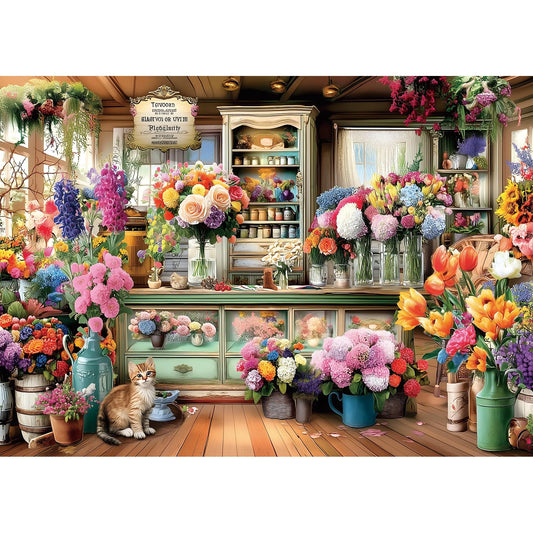 Blueforest 1000-piece puzzle flower shop cat scene, ideal as wall art