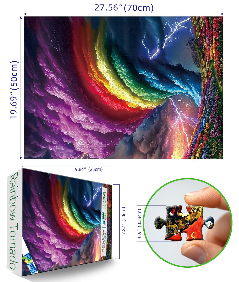 Completed Rainbow Tornado puzzle ready for display as art
