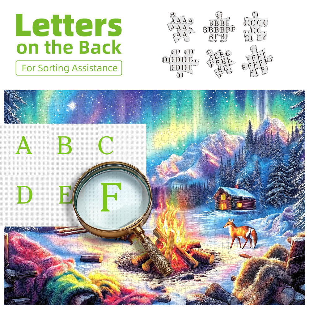 Blueforest embossed snow finish puzzle with log cabins and wildlife.