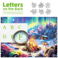 Blueforest embossed snow finish puzzle with log cabins and wildlife.