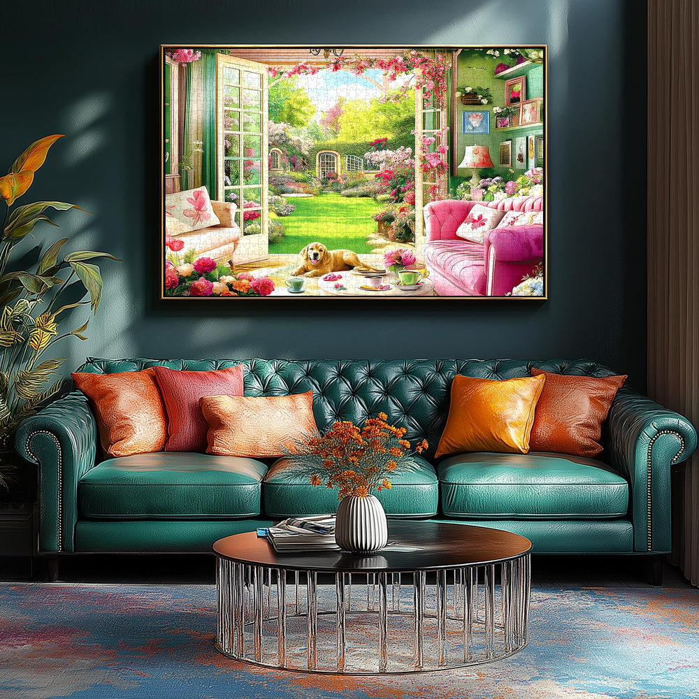 Blueforest puzzle shows open French door to a sunlit garden
