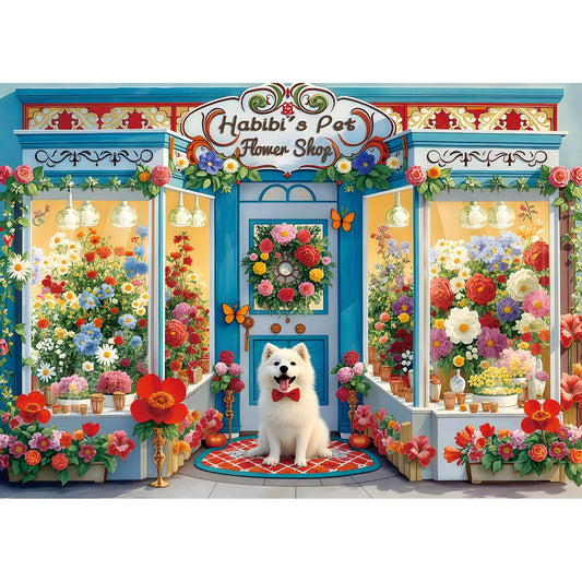 Blueforest Spring Flower Shop puzzle with flowers on shelves for immersive puzzling