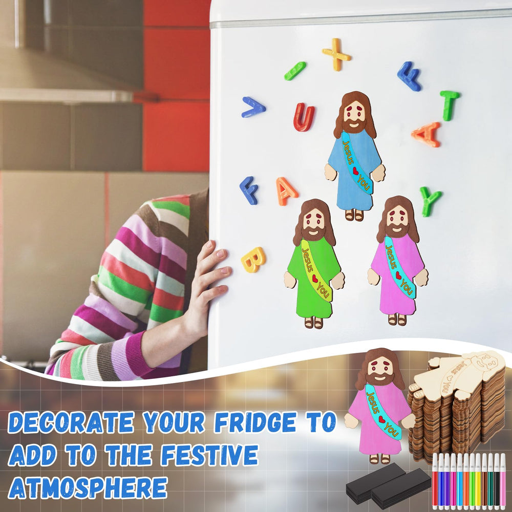 Blueweenly wood Jesus figure crafts magnets set offers versatile decorating and keepsakes.