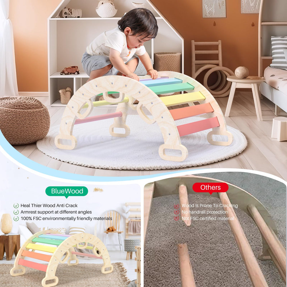 BlueWood Aurora wooden climbing triangle demonstrates flexible learning and balance.