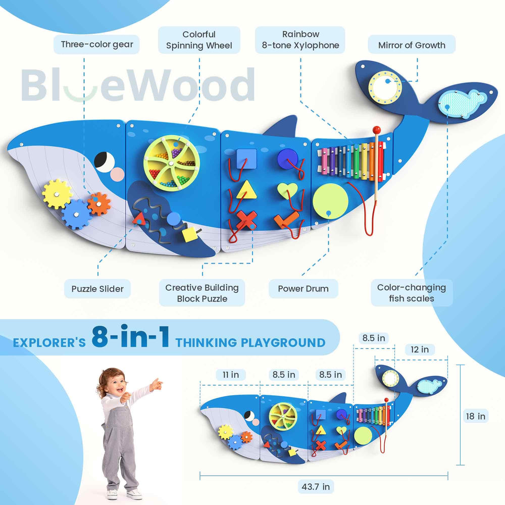 BlueWood Busy Board Wall Panel learning area illustrating sensory play and problem-solving opportunities.
