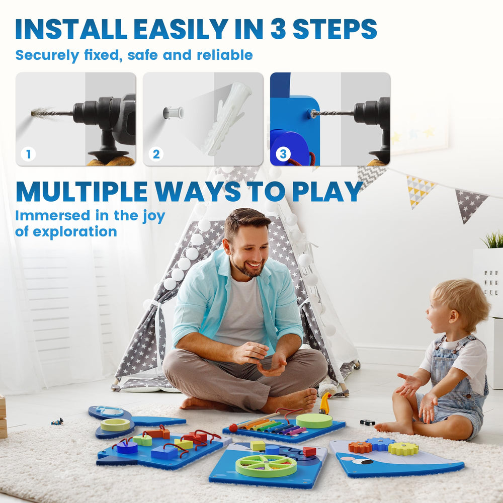 BlueWood Busy Board Wall Panel keeps children engaged without screens for extended play.