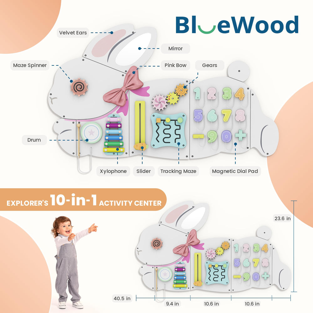 BlueWood Busy Board wall panel shows natural wood grain for sensory exploration