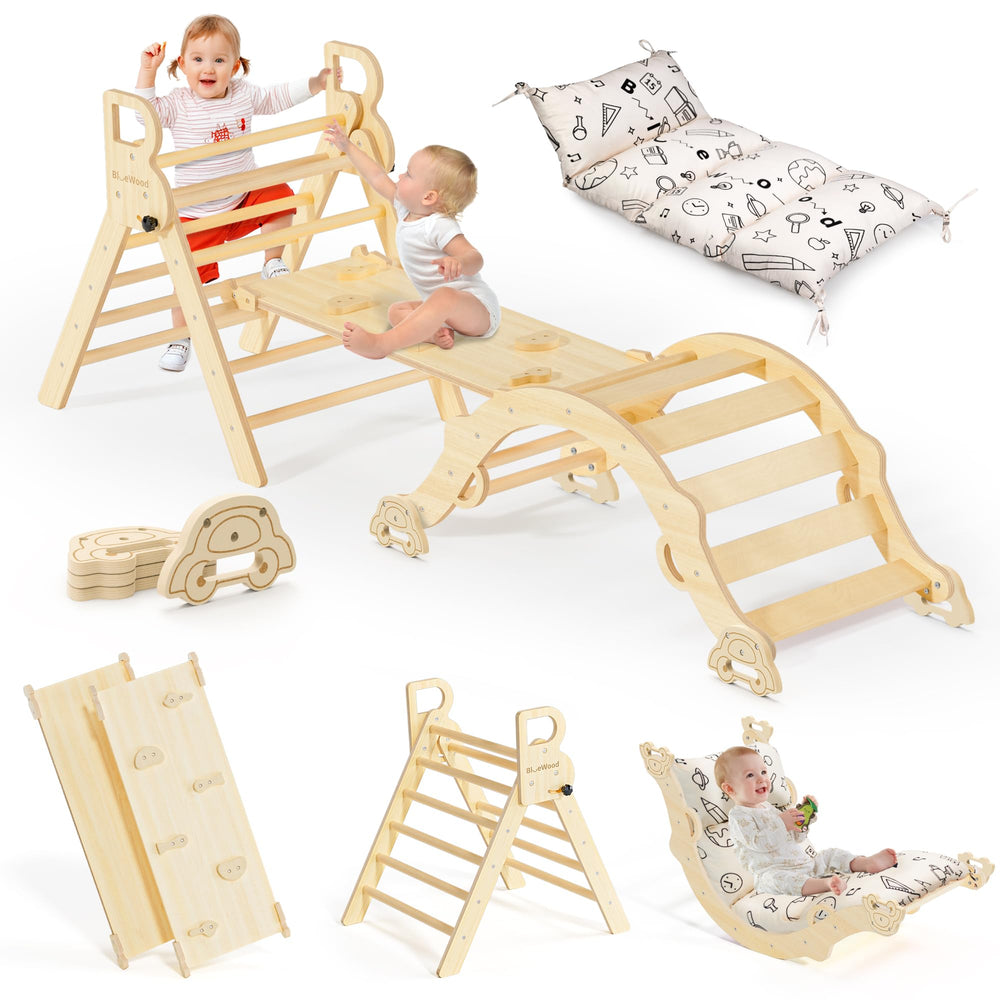 BlueWood Pikler triangle arch showcases open-ended toddler climbing for developmental play.