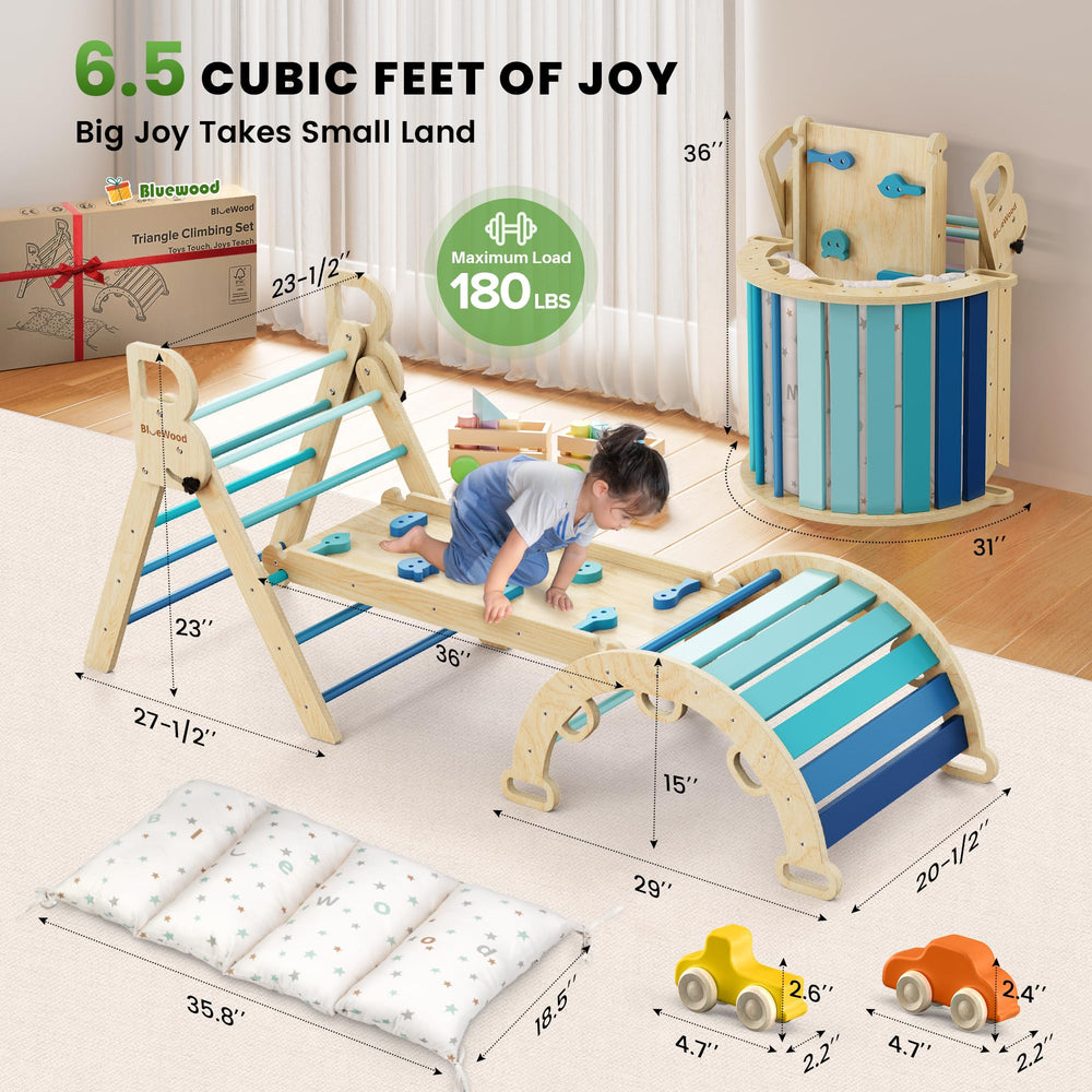 BlueWood Pikler triangle ladder setup enhances toddler coordination through climbing activities.