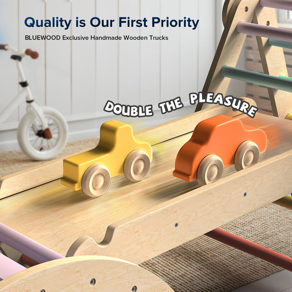 BlueWood Pikler Triangle Set seven-in-one modes showcasing versatile play options.
