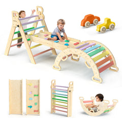 BlueWood Pikler Triangle Set rainbow assembly view for sturdy indoor exploration.