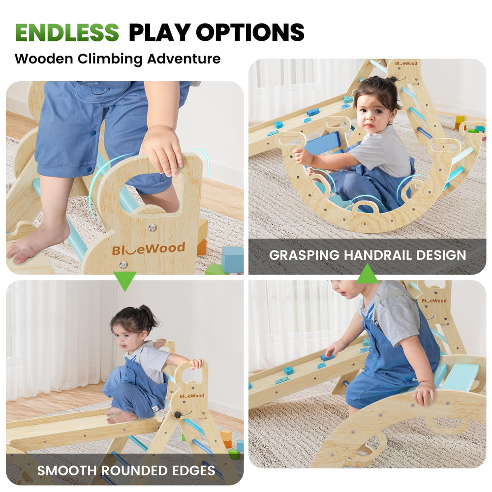 BlueWood Pikler triangle set sky blue forms a compact indoor playground