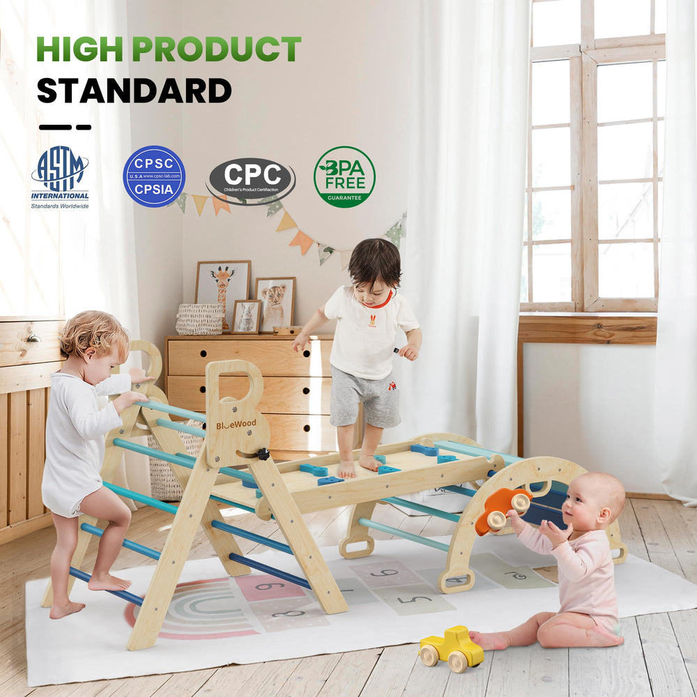 BlueWood Pikler triangle set sky blue Montessori-inspired design for active play