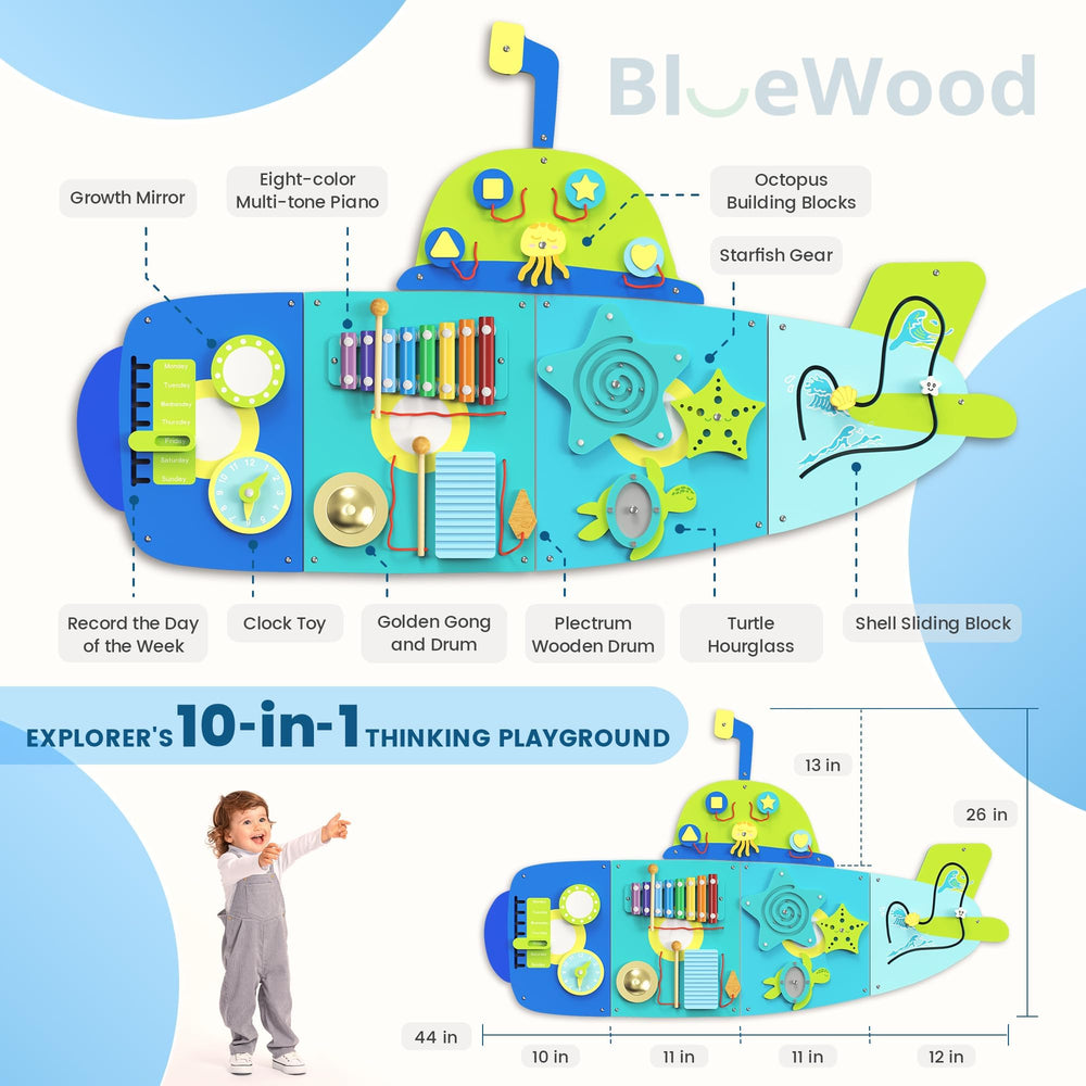 BlueWood Submarine Busy Board toy pieces highlighting tactile exploration