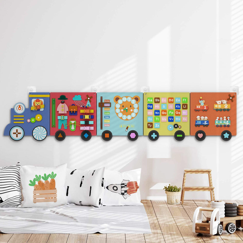 BlueWood ten-activity frame shows varied tasks for coordination and problem solving.