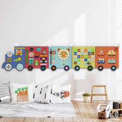 BlueWood ten-activity frame shows varied tasks for coordination and problem solving.