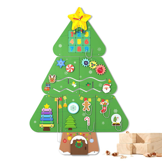 BlueWood wall Busy Board with eight activities to boost hand-eye coordination.