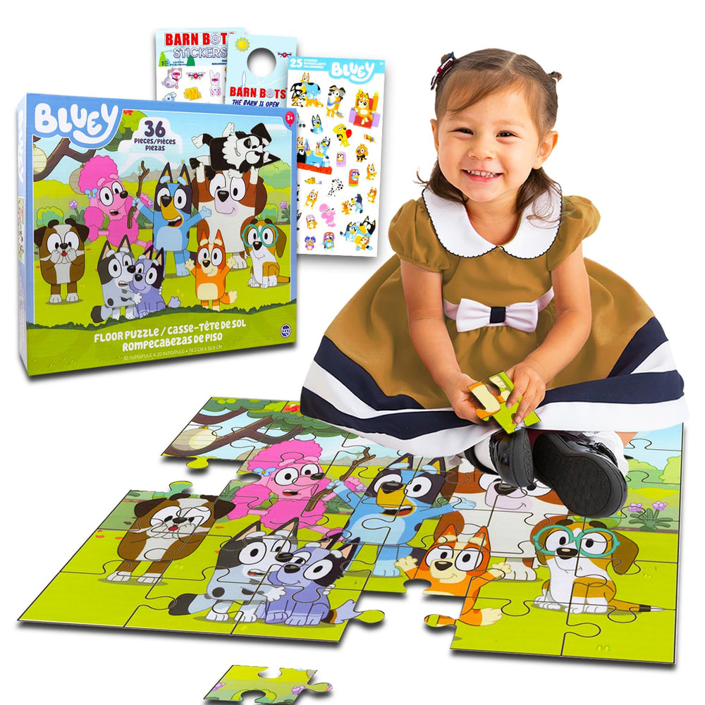 Bluey 36-piece floor puzzle assembly showing Bluey, Bingo, and friends for engaging family fun.