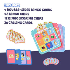Bluey Bingo’s Bingo Card Game featuring 12 scoring chips to celebrate matches.