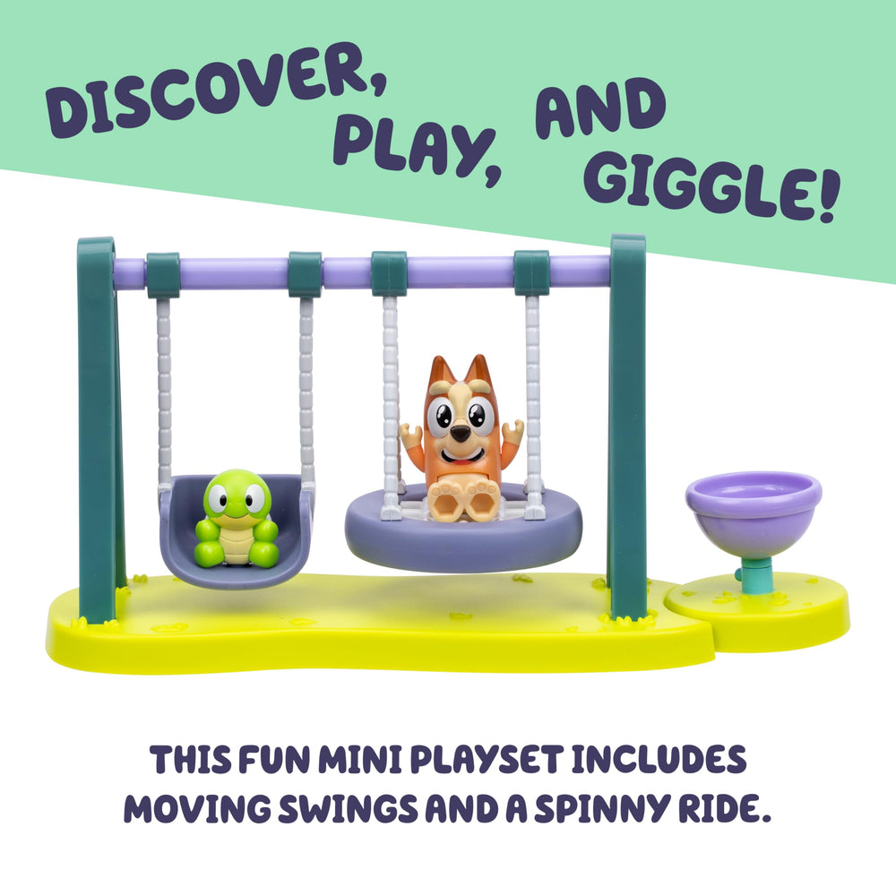 Bluey Bingo figurine on swings supports storytelling fun outdoors.