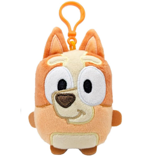 Bluey Bingo mini plush clipped to a backpack for portable play.
