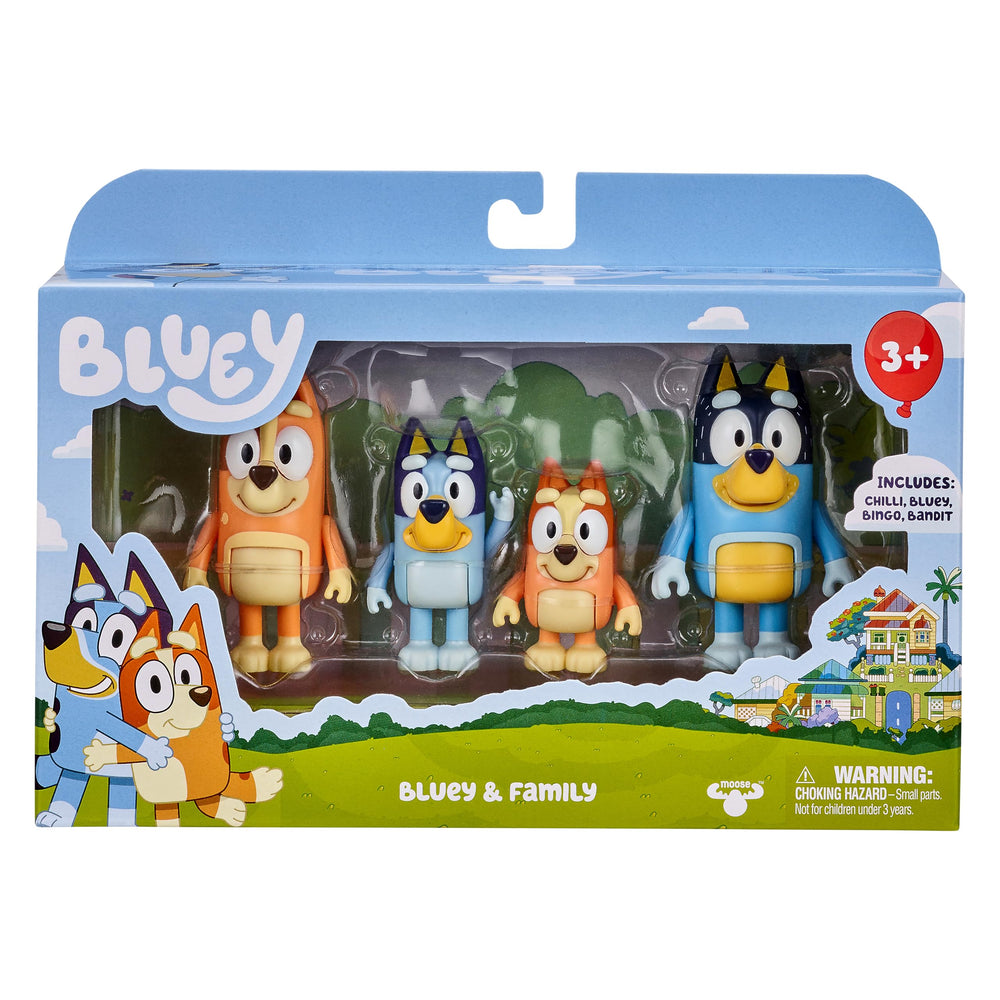 Bluey cake topper-ready figures for themed party displays.