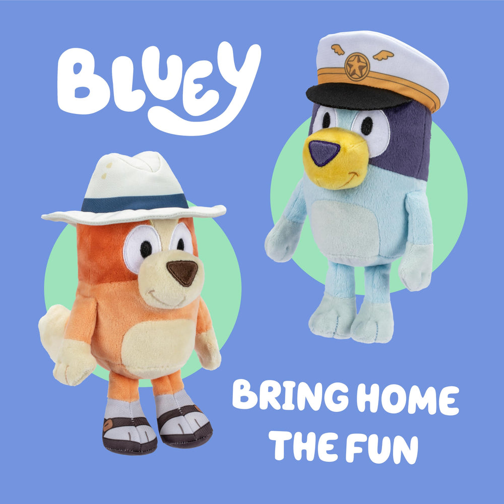 Bluey plush wearing captain's hat for roleplay adventures.