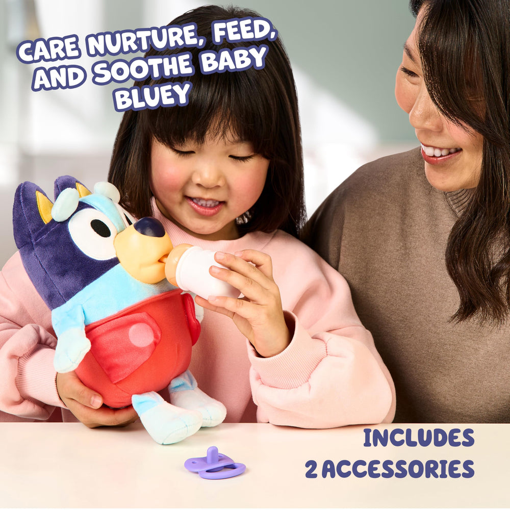 Bluey baby toy featuring interactive sounds for realistic feeding moments