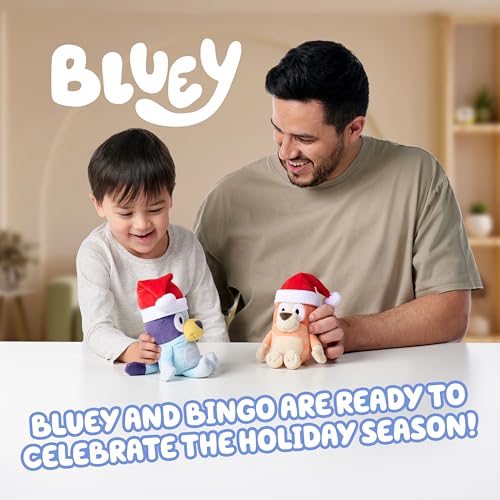 Bingo Christmas plush wearing Santa hat for festive play.