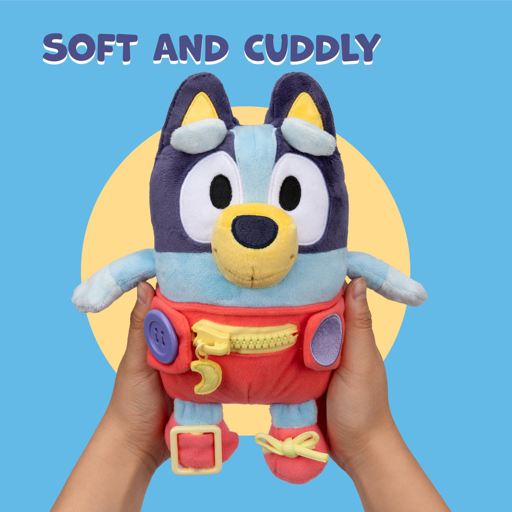 Bluey Dress & Play plush stands 10 inches tall for easy grasp by little hands.