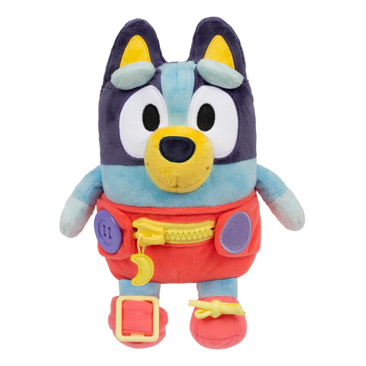 Bluey Dress & Play plush with diaper and button for toddler dressing practice.