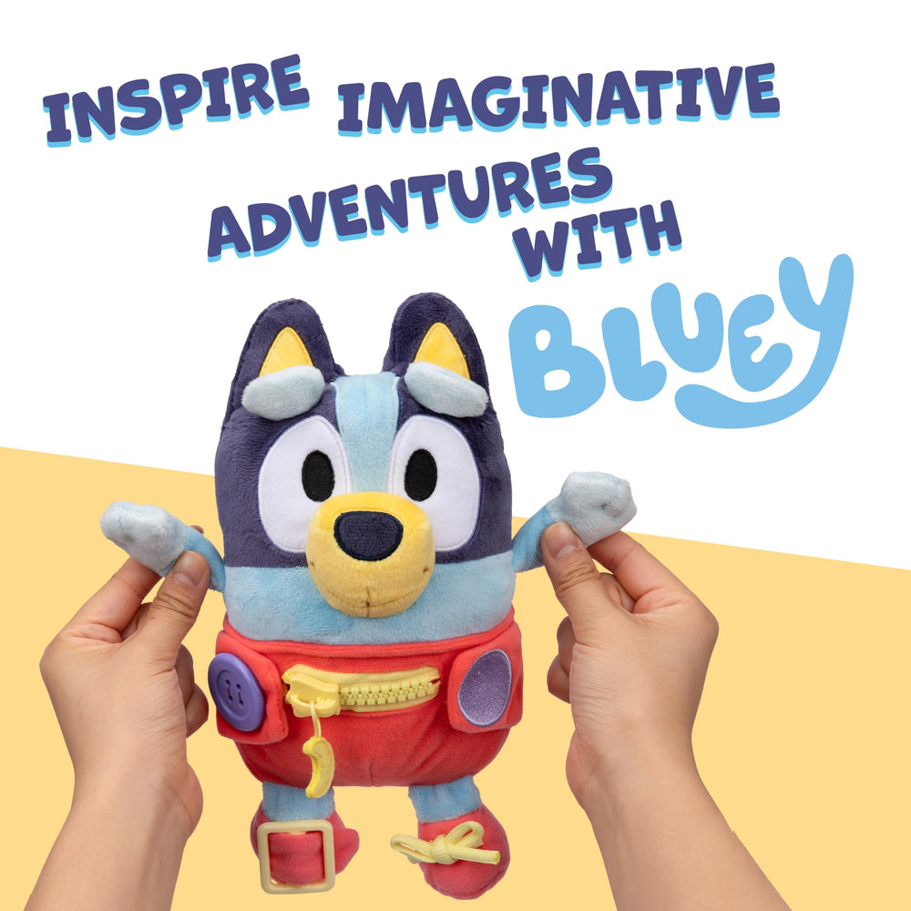 Bluey Dress & Play plush requires no batteries for screen-free adventures on the go.