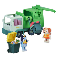 Bluey garbage truck playset front view with interactive lever for pretend trash collection.